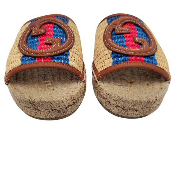 Gucci GG Adela Raffia Espadrille Slide Flat Sandal Size 37 US 7 Beige Brown Red - Picture 4 of 10
